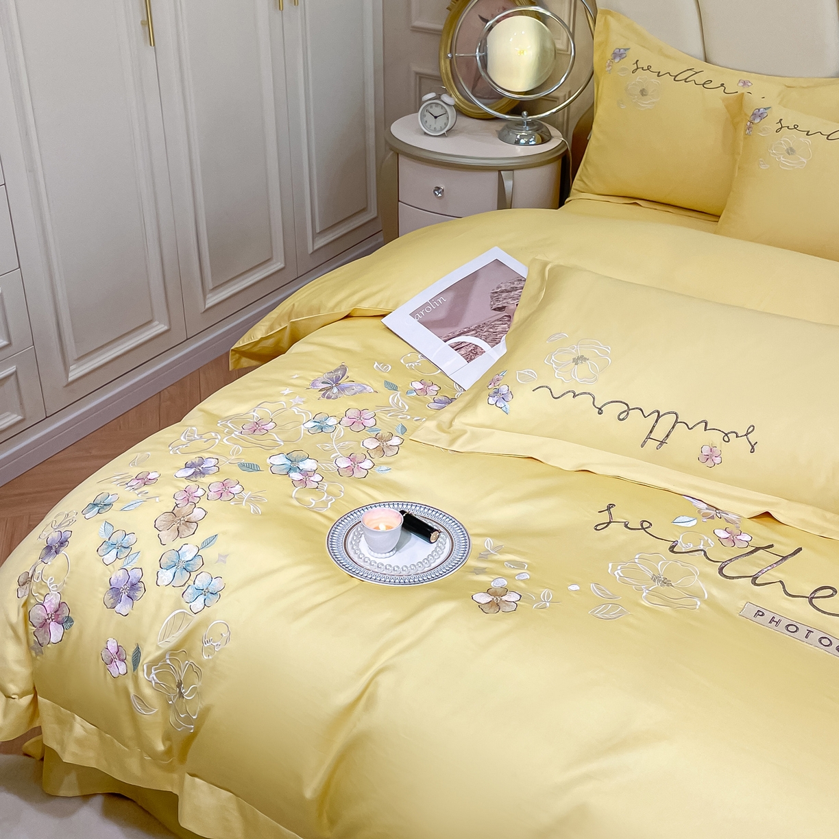 91家纺网 家纺一手货源 找家纺 博纳家纺 2026春夏新款13372全棉纯棉绣花四件套-奈雪 奈雪-柠檬黄