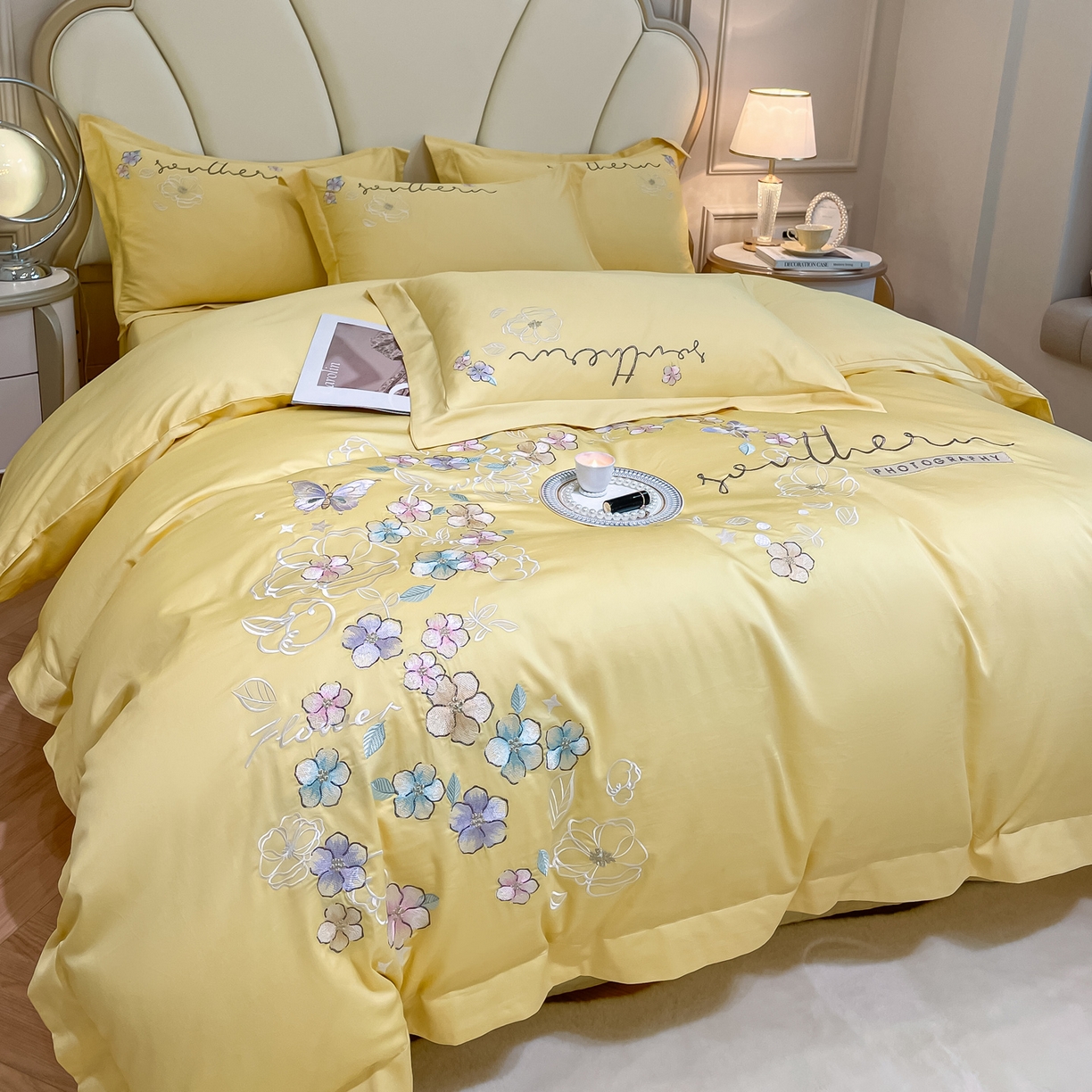 91家纺网 家纺一手货源 找家纺 博纳家纺 2026春夏新款13372全棉纯棉绣花四件套-奈雪 奈雪-柠檬黄