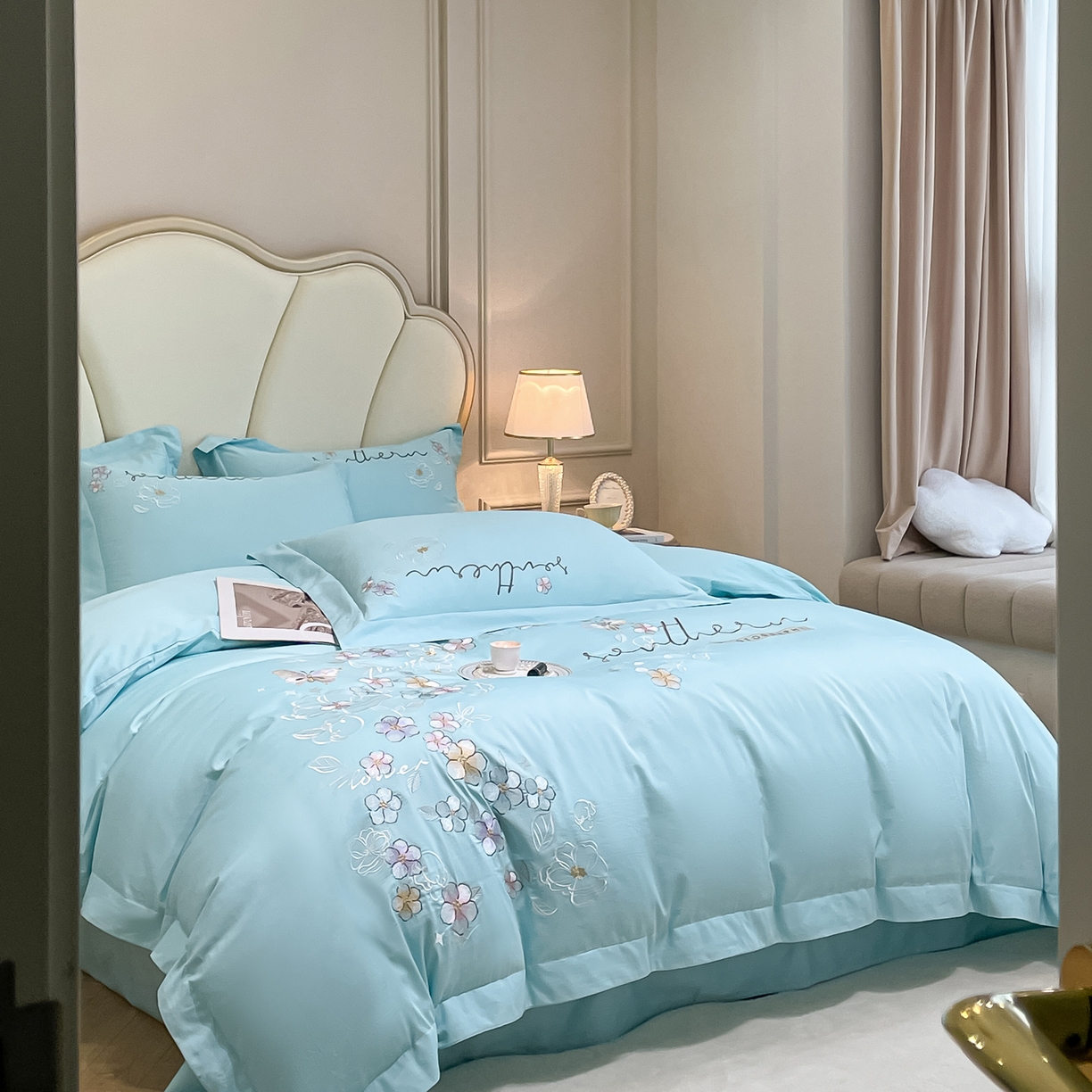 91家纺网 家纺一手货源 找家纺 博纳家纺 2026春夏新款13372全棉纯棉绣花四件套-奈雪 奈雪-水绿