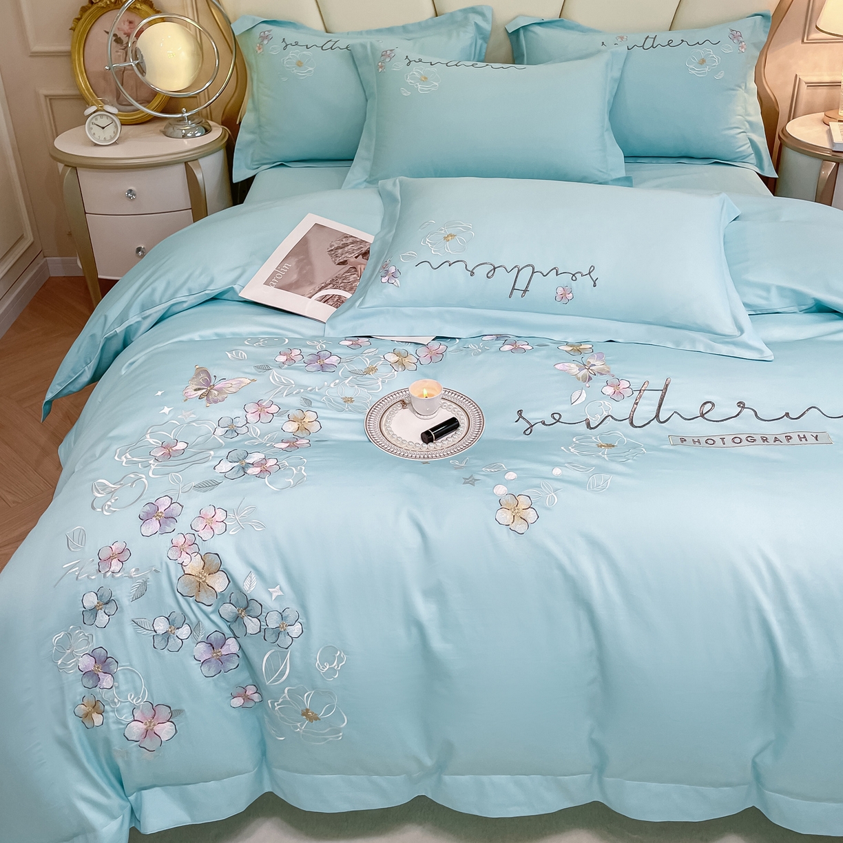 91家纺网 家纺一手货源 找家纺 博纳家纺 2026春夏新款13372全棉纯棉绣花四件套-奈雪 奈雪-水绿