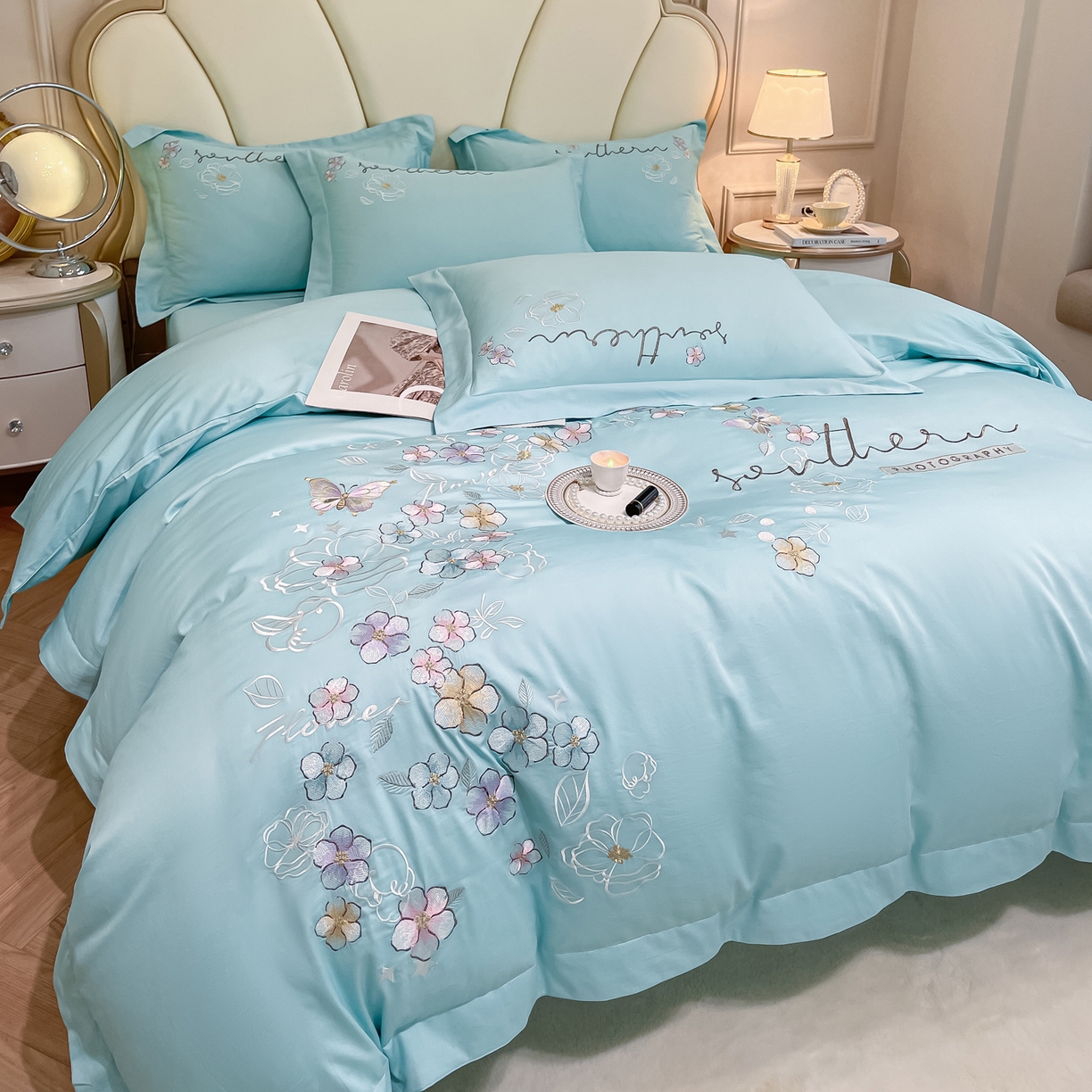 91家纺网 家纺一手货源 找家纺 博纳家纺 2026春夏新款13372全棉纯棉绣花四件套-奈雪 奈雪-水绿