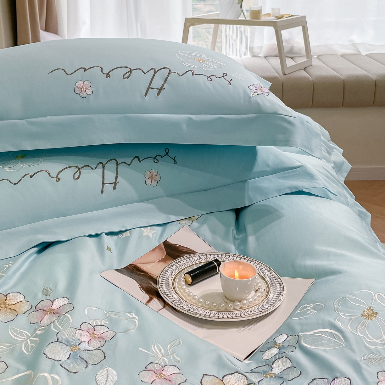 91家纺网 家纺一手货源 找家纺 博纳家纺 2026春夏新款13372全棉纯棉绣花四件套-奈雪 奈雪-水绿