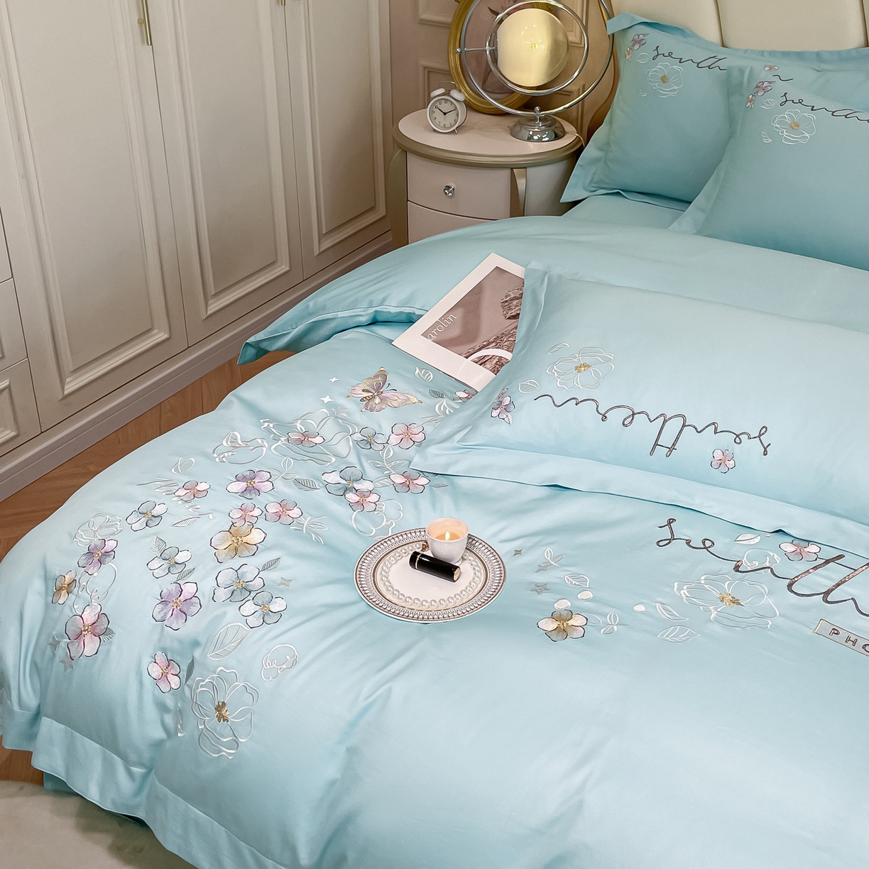 91家纺网 家纺一手货源 找家纺 博纳家纺 2026春夏新款13372全棉纯棉绣花四件套-奈雪 奈雪-水绿