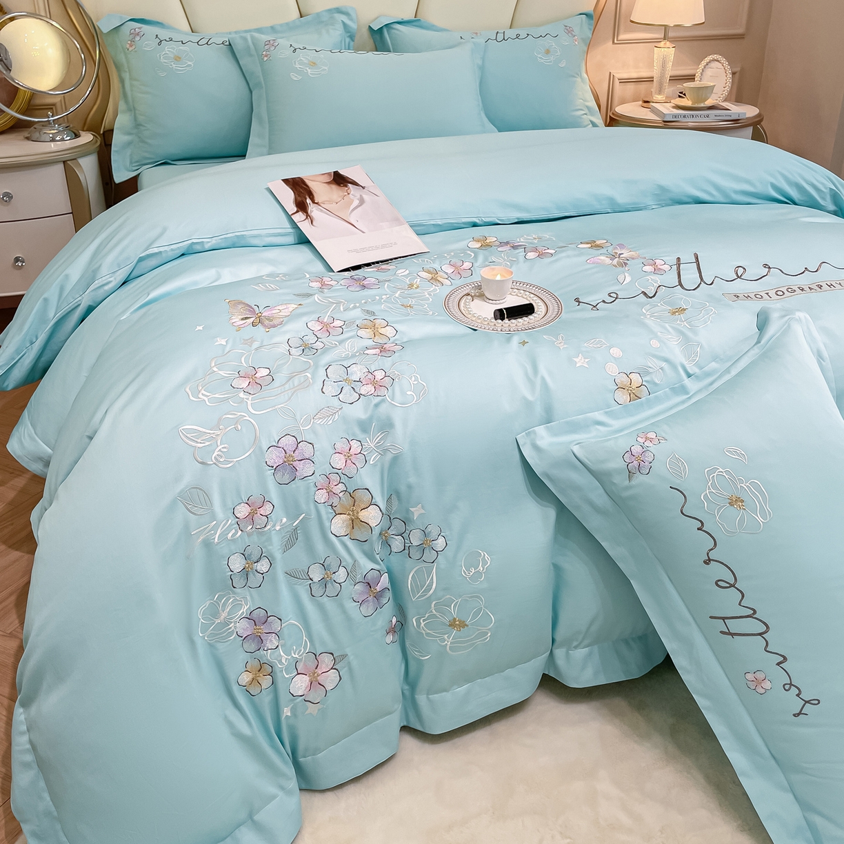 91家纺网 家纺一手货源 找家纺 博纳家纺 2026春夏新款13372全棉纯棉绣花四件套-奈雪 奈雪-水绿