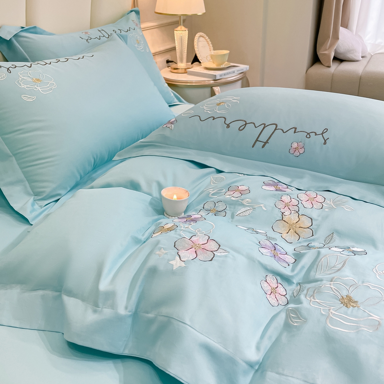 91家纺网 家纺一手货源 找家纺 博纳家纺 2026春夏新款13372全棉纯棉绣花四件套-奈雪 奈雪-水绿