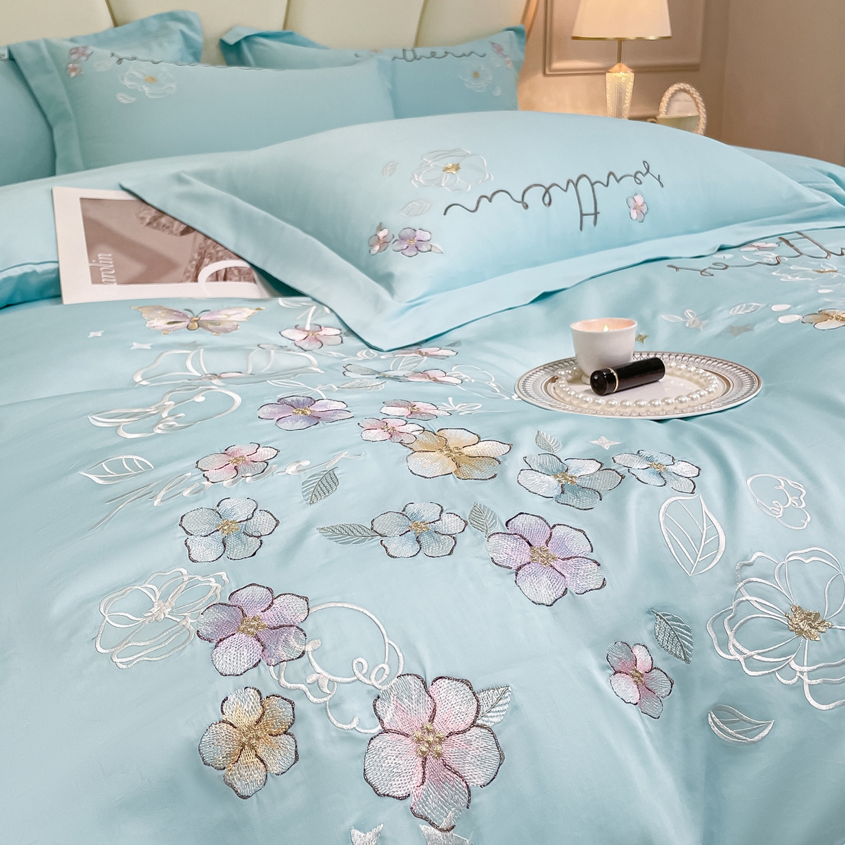 91家纺网 家纺一手货源 找家纺 博纳家纺 2026春夏新款13372全棉纯棉绣花四件套-奈雪 奈雪-水绿