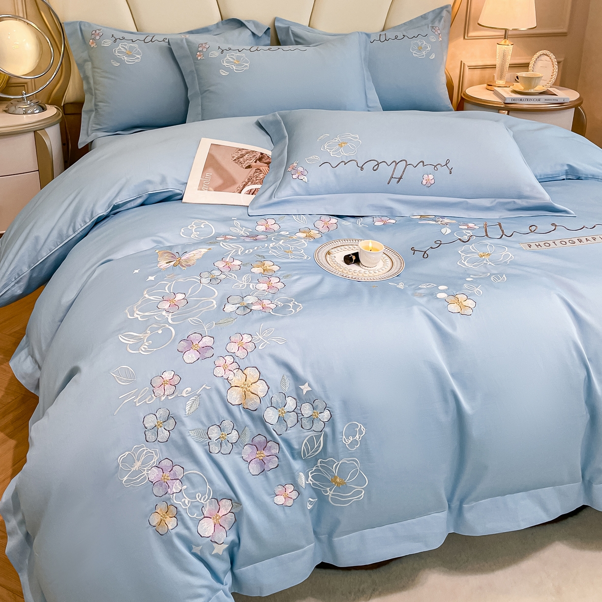 博纳家纺 2026春夏新款13372全棉纯棉绣花四件套-奈雪 奈雪-天蓝