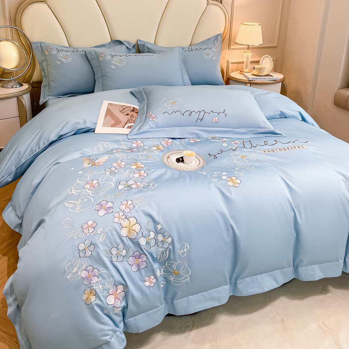 91家纺网 家纺一手货源 找家纺 博纳家纺 2026春夏新款13372全棉纯棉绣花四件套-奈雪 奈雪-天蓝