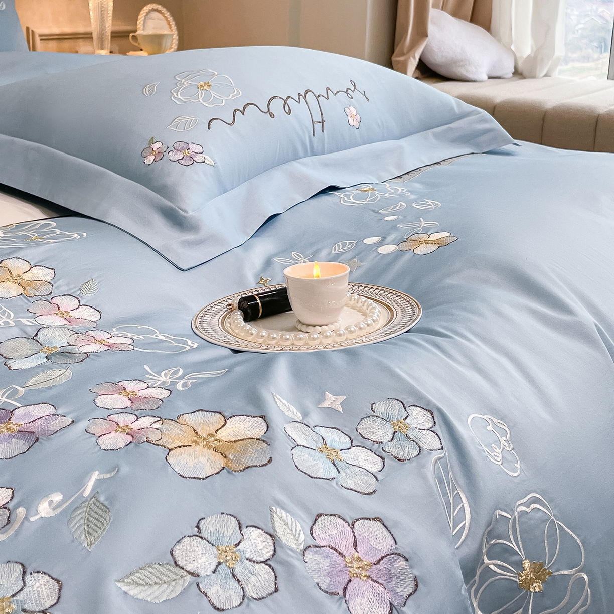 91家纺网 家纺一手货源 找家纺 博纳家纺 2026春夏新款13372全棉纯棉绣花四件套-奈雪 奈雪-天蓝