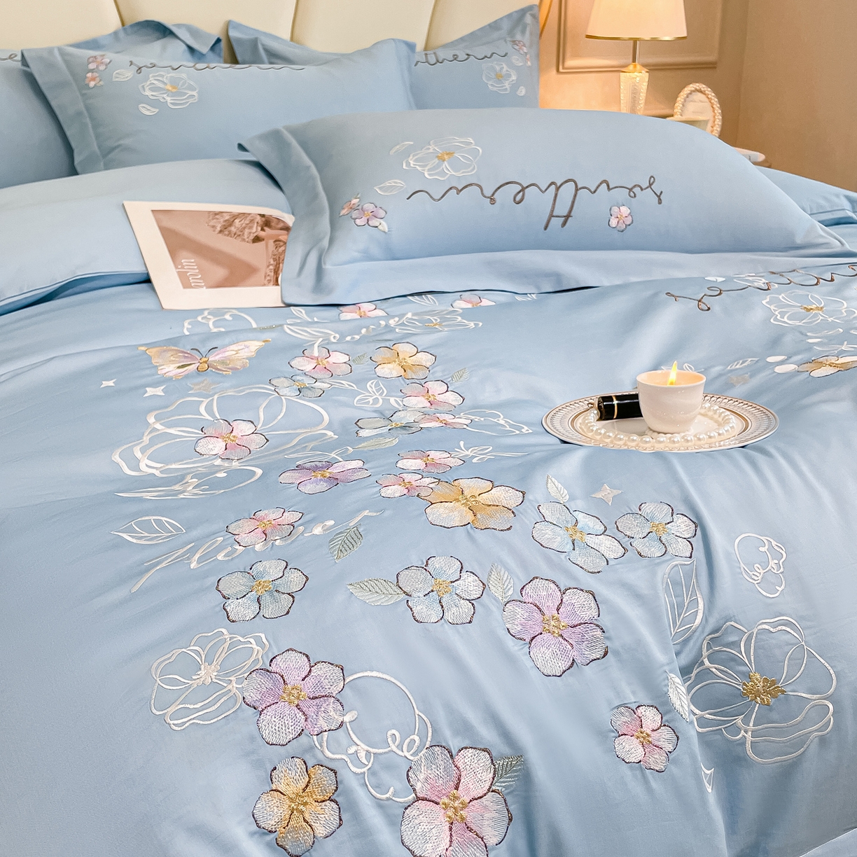 91家纺网 家纺一手货源 找家纺 博纳家纺 2026春夏新款13372全棉纯棉绣花四件套-奈雪 奈雪-天蓝