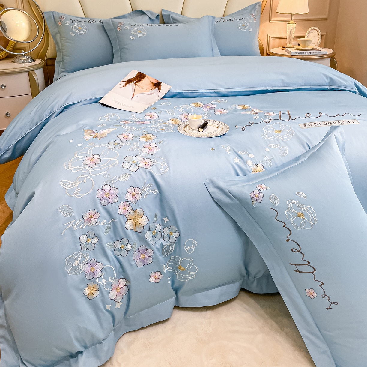 91家纺网 家纺一手货源 找家纺 博纳家纺 2026春夏新款13372全棉纯棉绣花四件套-奈雪 奈雪-天蓝