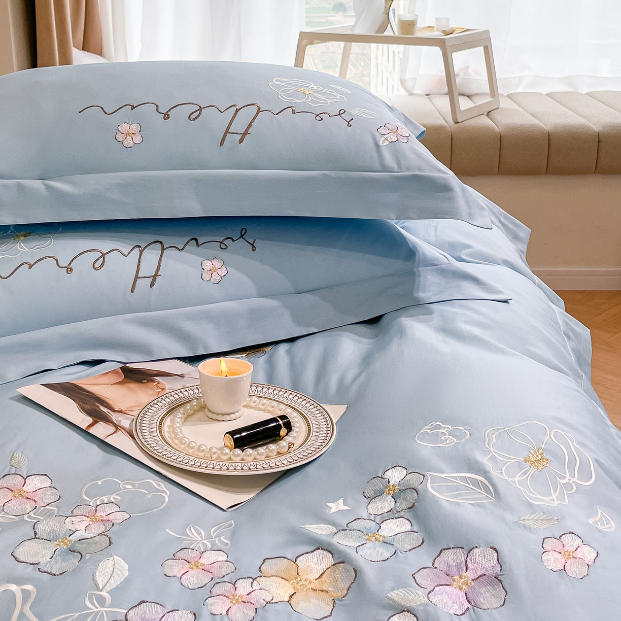 91家纺网 家纺一手货源 找家纺 博纳家纺 2026春夏新款13372全棉纯棉绣花四件套-奈雪 奈雪-天蓝