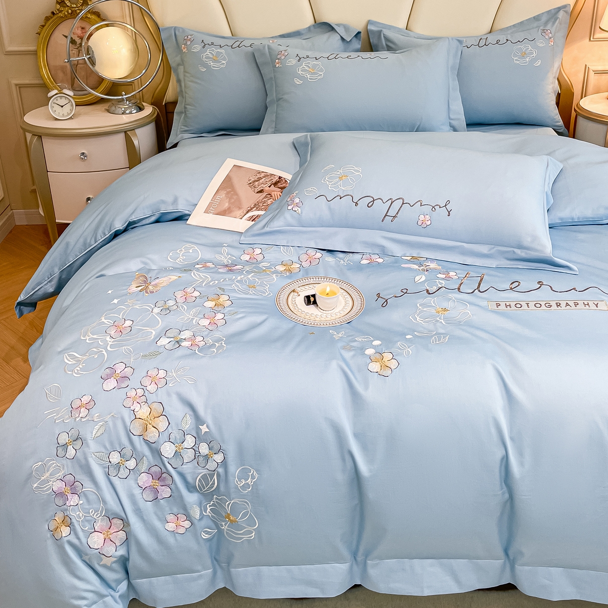 91家纺网 家纺一手货源 找家纺 博纳家纺 2026春夏新款13372全棉纯棉绣花四件套-奈雪 奈雪-天蓝