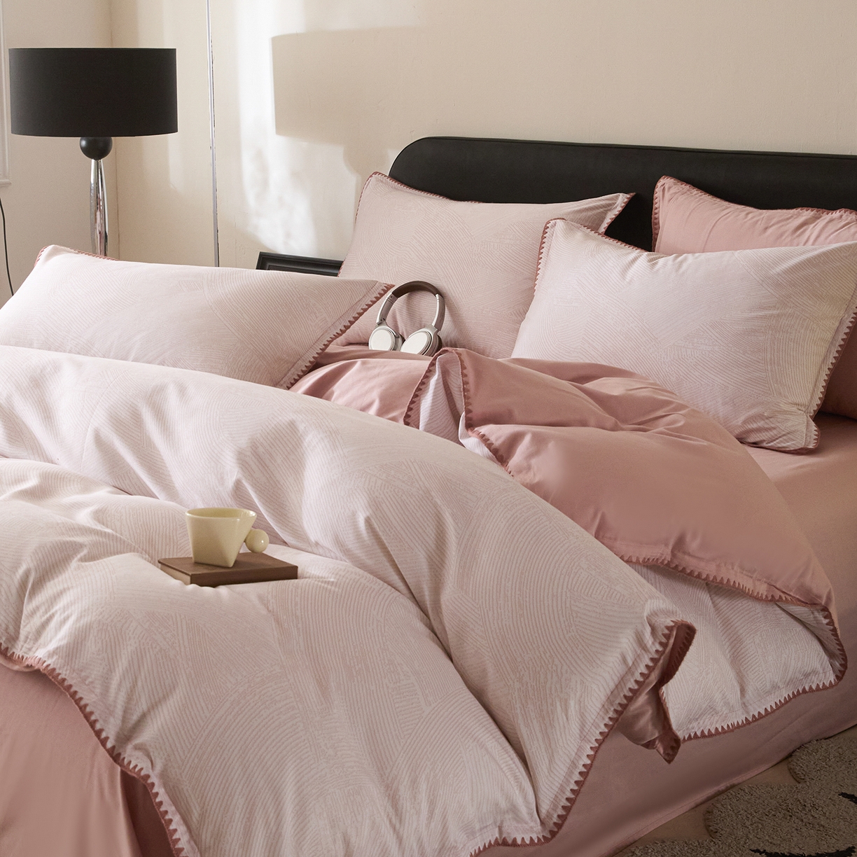 91家纺网 家纺一手货源 找家纺 （总）置顶家纺 2026新款数码印花三角针贝壳边四件套-沐橙