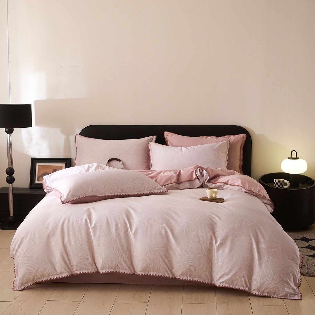 91家纺网 家纺一手货源 找家纺 （总）置顶家纺 2026新款数码印花三角针贝壳边四件套-沐橙