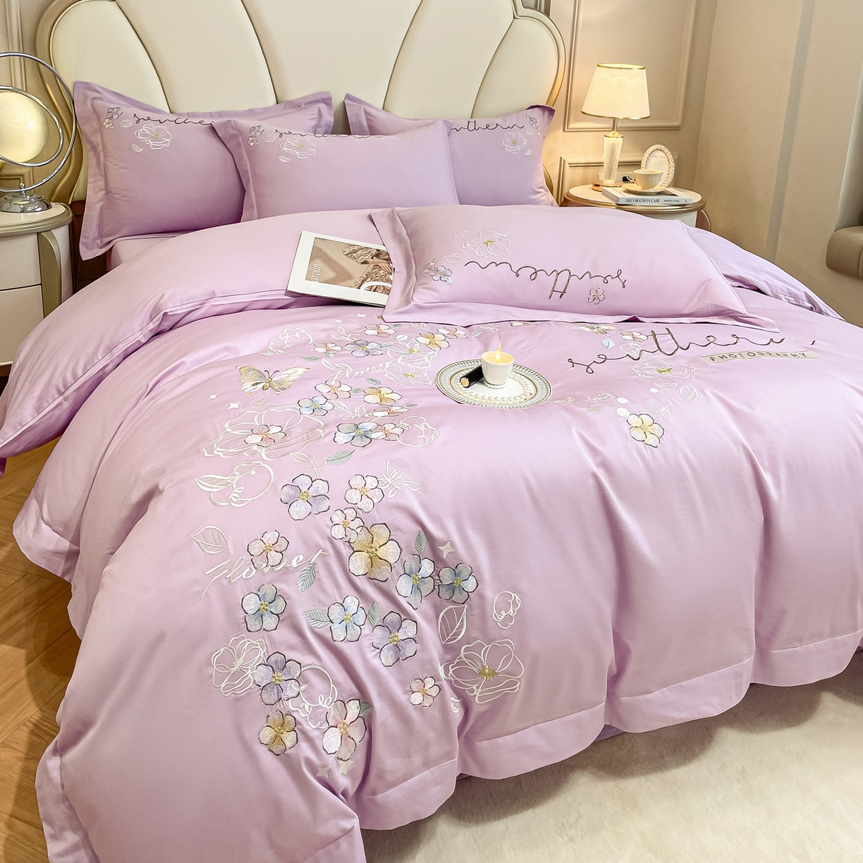 91家纺网 家纺一手货源 找家纺 博纳家纺 2026春夏新款13372全棉纯棉绣花四件套-奈雪 奈雪-香芋紫