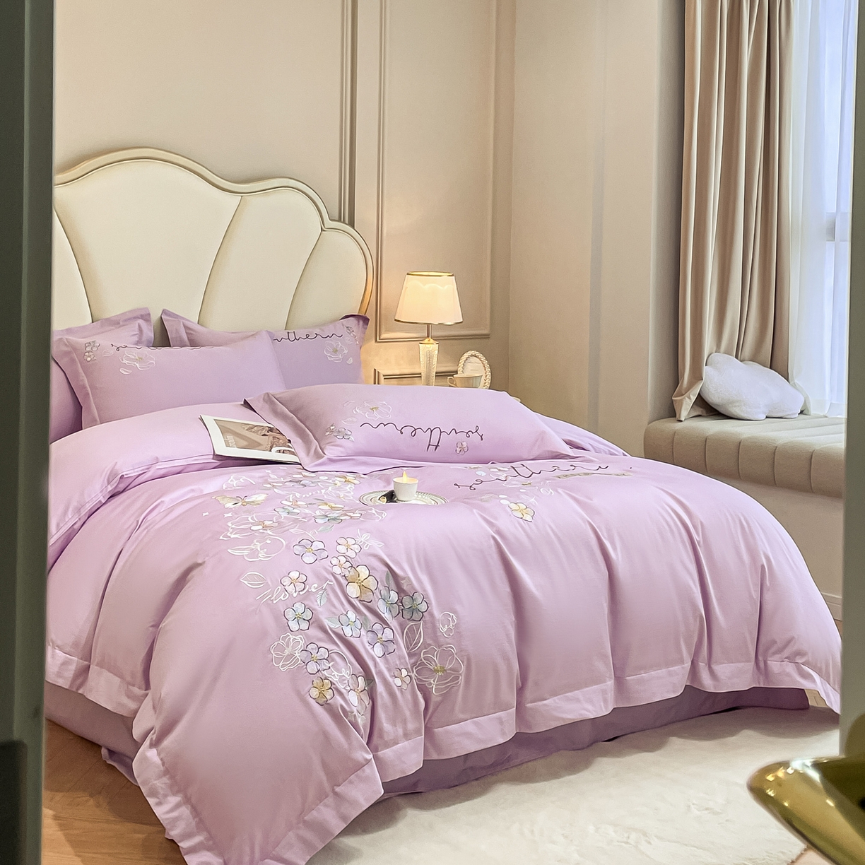 91家纺网 家纺一手货源 找家纺 博纳家纺 2026春夏新款13372全棉纯棉绣花四件套-奈雪 奈雪-香芋紫