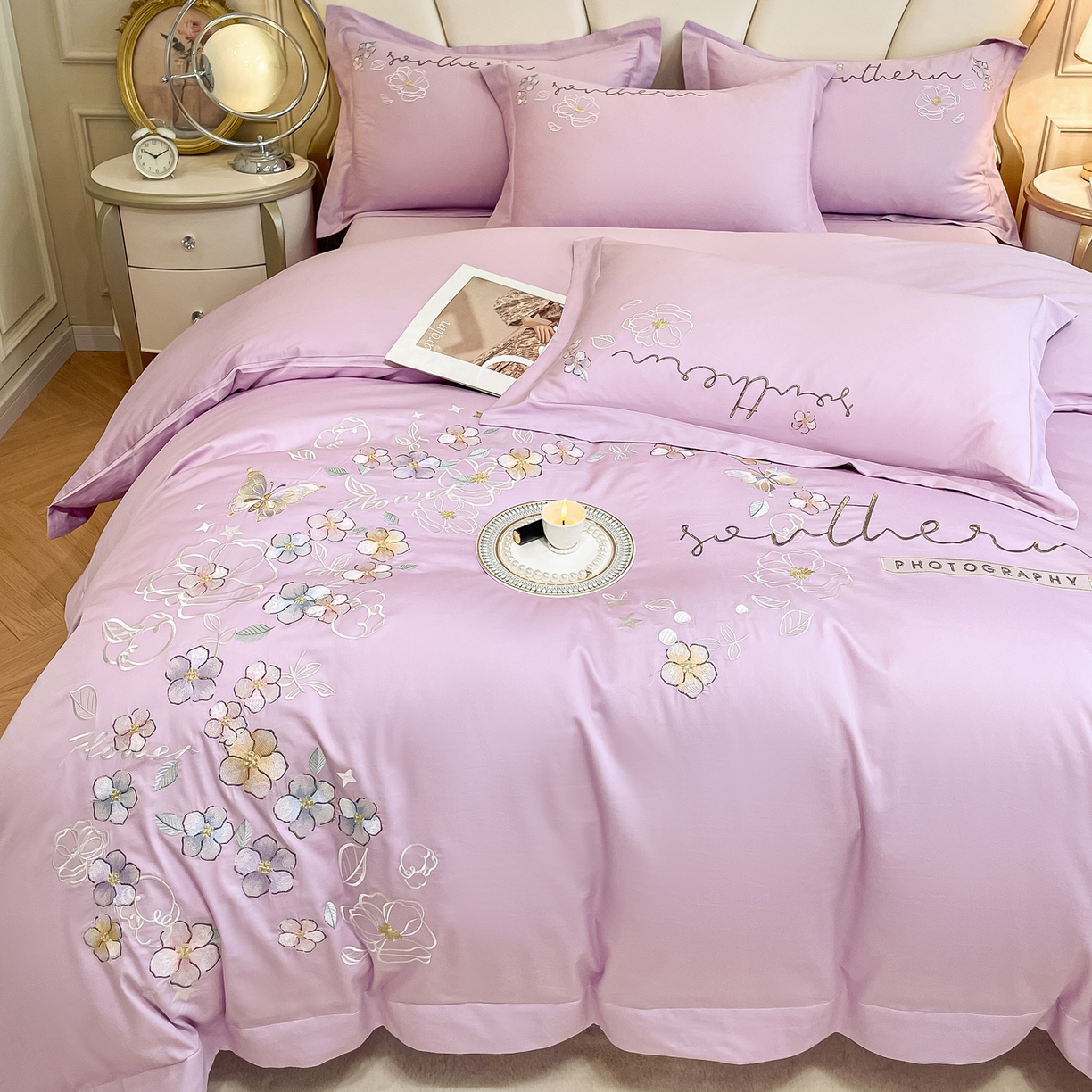 91家纺网 家纺一手货源 找家纺 博纳家纺 2026春夏新款13372全棉纯棉绣花四件套-奈雪 奈雪-香芋紫