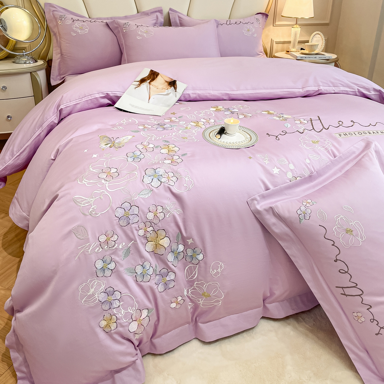 91家纺网 家纺一手货源 找家纺 博纳家纺 2026春夏新款13372全棉纯棉绣花四件套-奈雪 奈雪-香芋紫