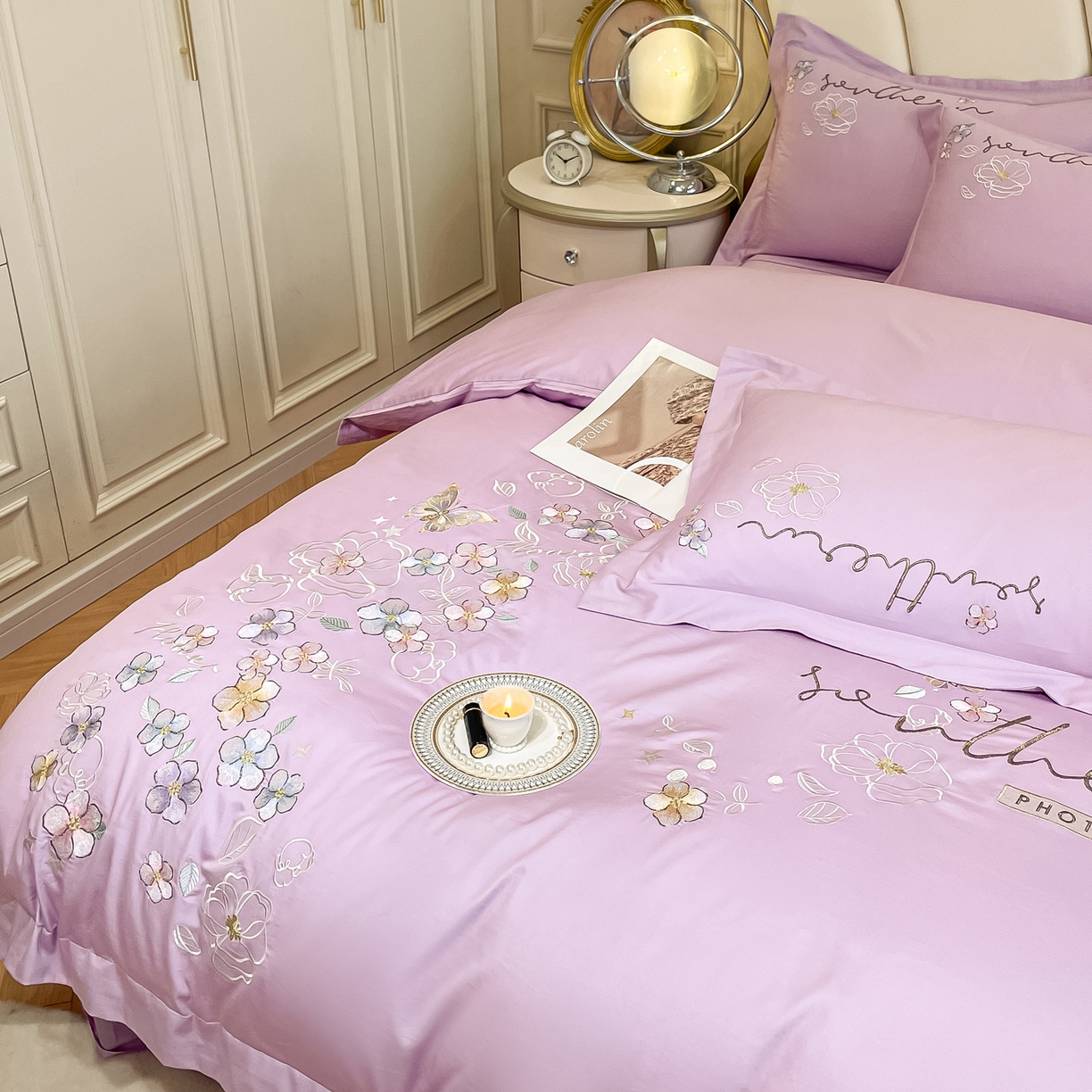 91家纺网 家纺一手货源 找家纺 博纳家纺 2026春夏新款13372全棉纯棉绣花四件套-奈雪 奈雪-香芋紫