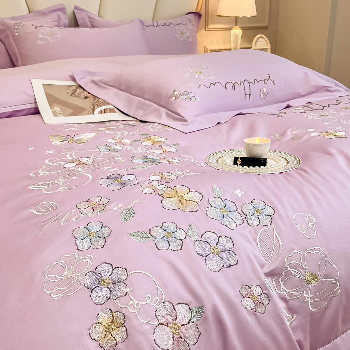 91家纺网 家纺一手货源 找家纺 博纳家纺 2026春夏新款13372全棉纯棉绣花四件套-奈雪 奈雪-香芋紫