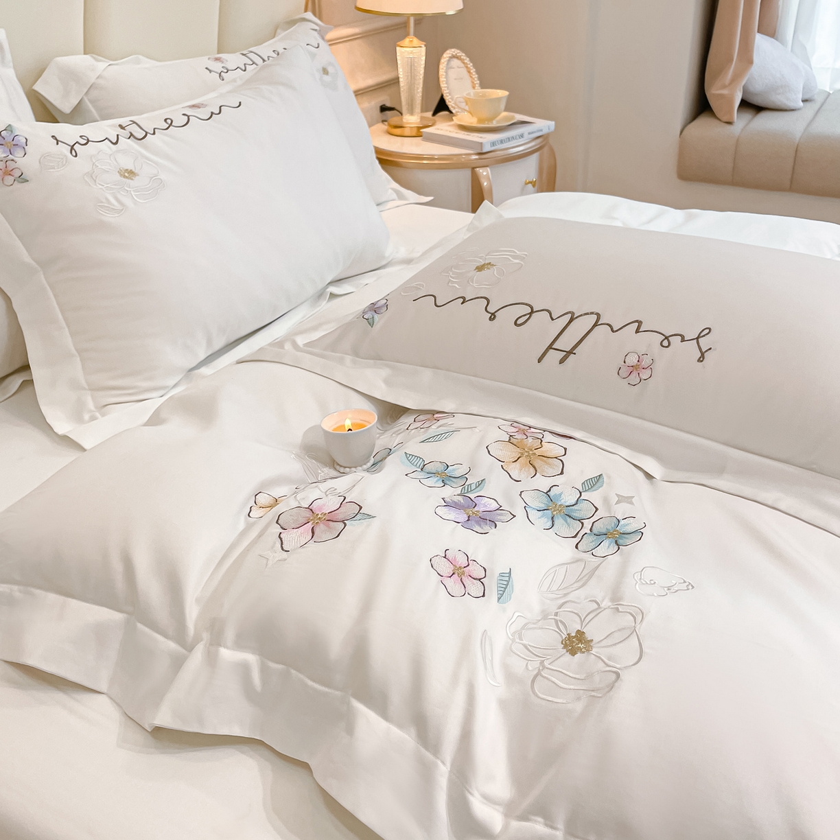 91家纺网 家纺一手货源 找家纺 博纳家纺 2026春夏新款13372全棉纯棉绣花四件套-奈雪 奈雪-象牙白