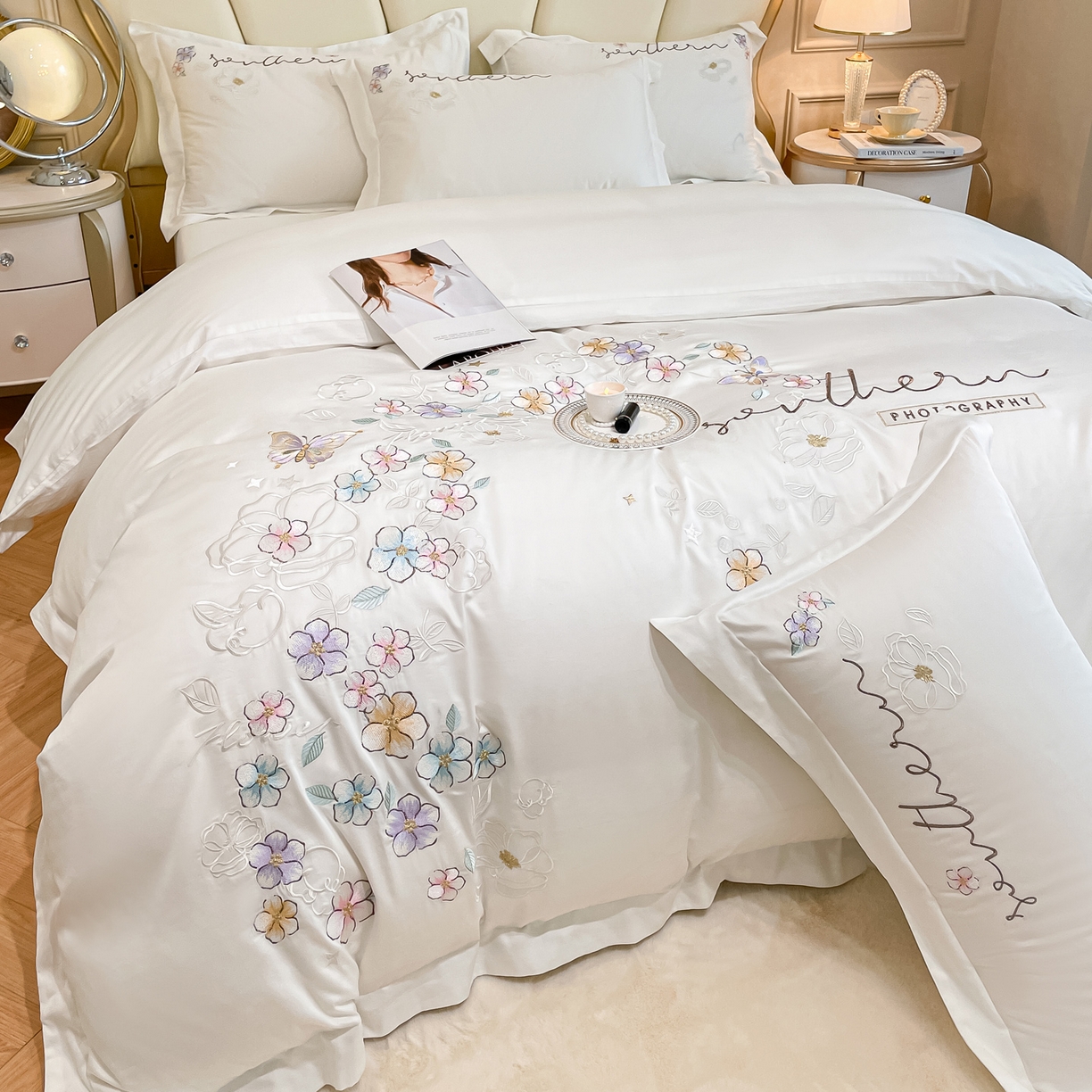 91家纺网 家纺一手货源 找家纺 博纳家纺 2026春夏新款13372全棉纯棉绣花四件套-奈雪 奈雪-象牙白