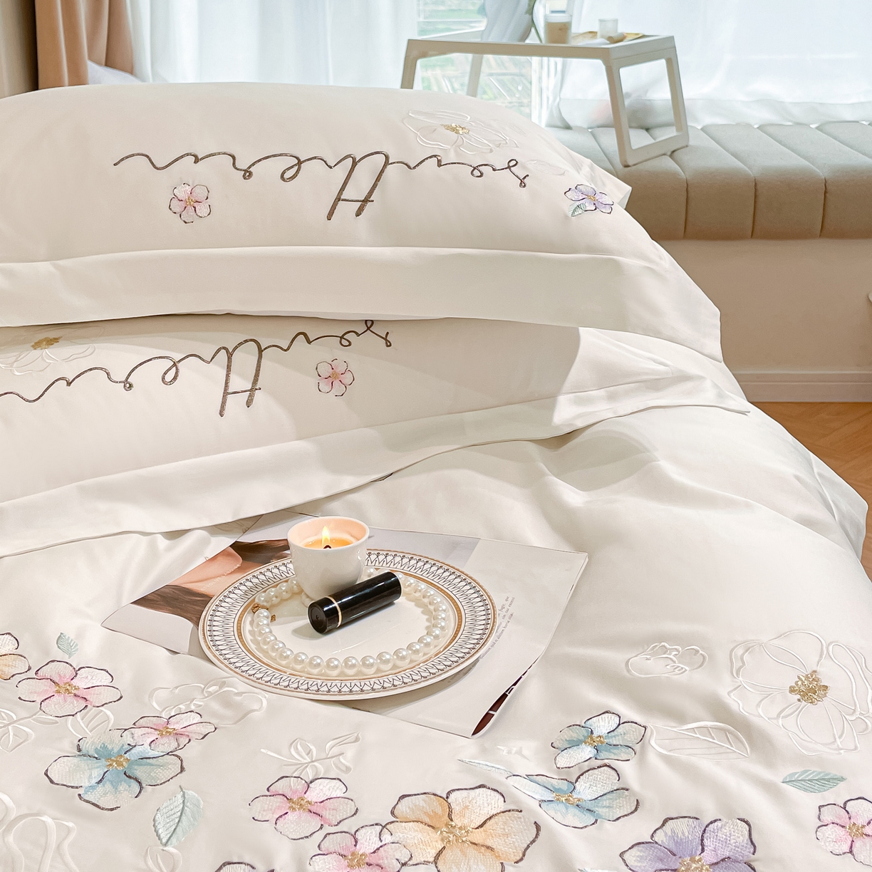 91家纺网 家纺一手货源 找家纺 博纳家纺 2026春夏新款13372全棉纯棉绣花四件套-奈雪 奈雪-象牙白