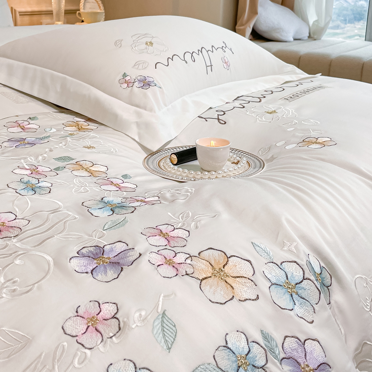 91家纺网 家纺一手货源 找家纺 博纳家纺 2026春夏新款13372全棉纯棉绣花四件套-奈雪 奈雪-象牙白