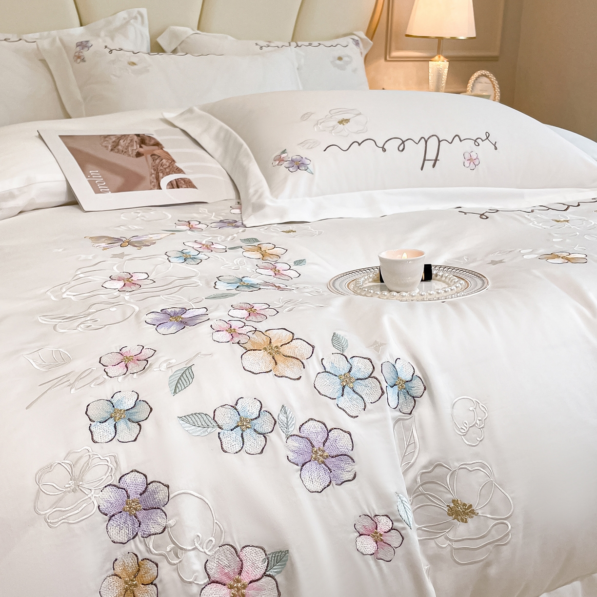 91家纺网 家纺一手货源 找家纺 博纳家纺 2026春夏新款13372全棉纯棉绣花四件套-奈雪 奈雪-象牙白