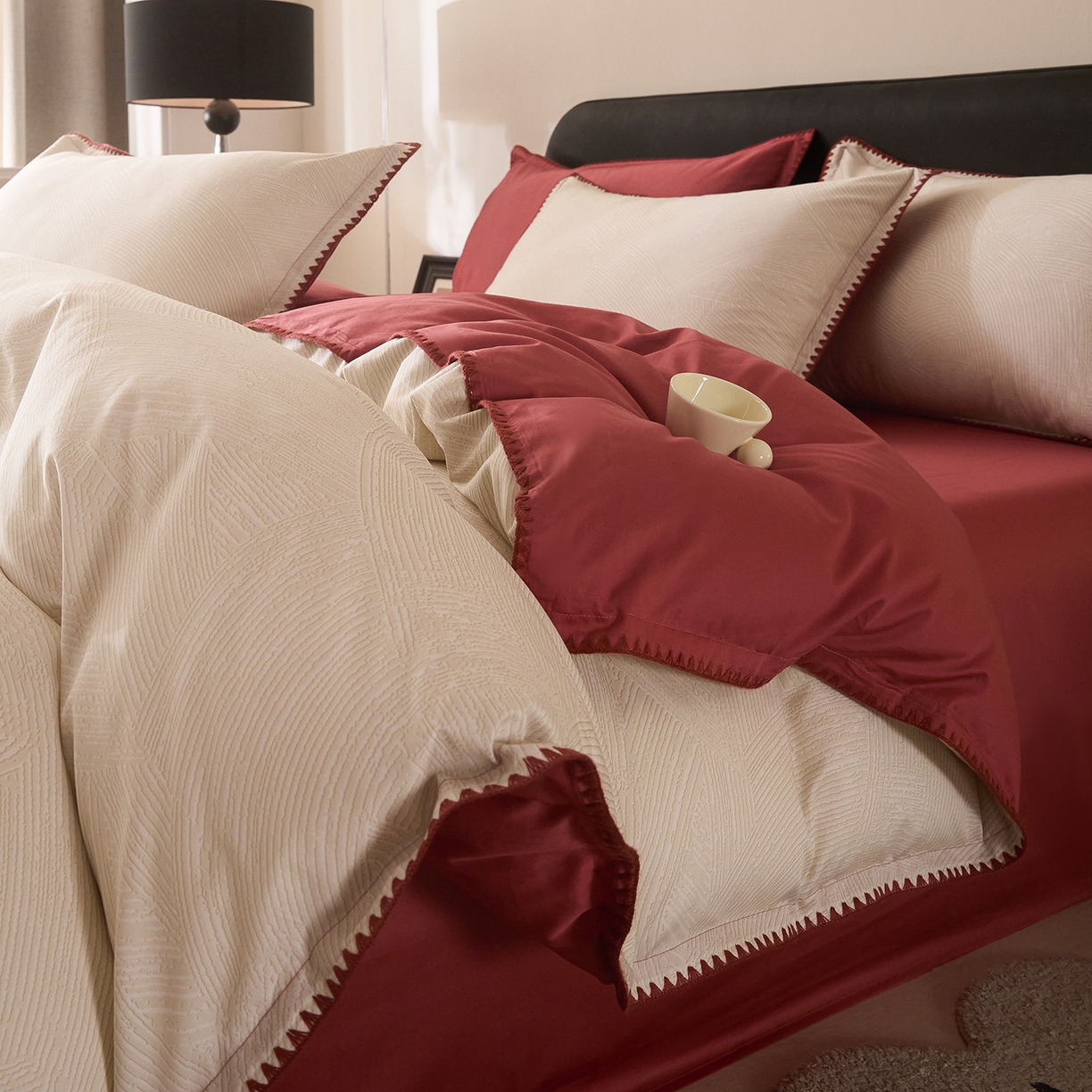 91家纺网 家纺一手货源 找家纺 置顶家纺 2026新款数码印花三角针贝壳边四件套-沐橙 沐橙-山红