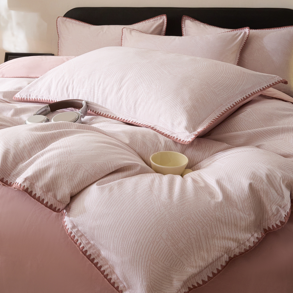 91家纺网 家纺一手货源 找家纺 置顶家纺 2026新款数码印花三角针贝壳边四件套-沐橙 沐橙-豆桔