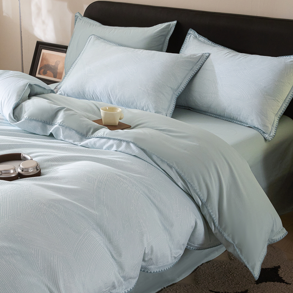 91家纺网 家纺一手货源 找家纺 置顶家纺 2026新款数码印花三角针贝壳边四件套-沐橙 沐橙-蓝