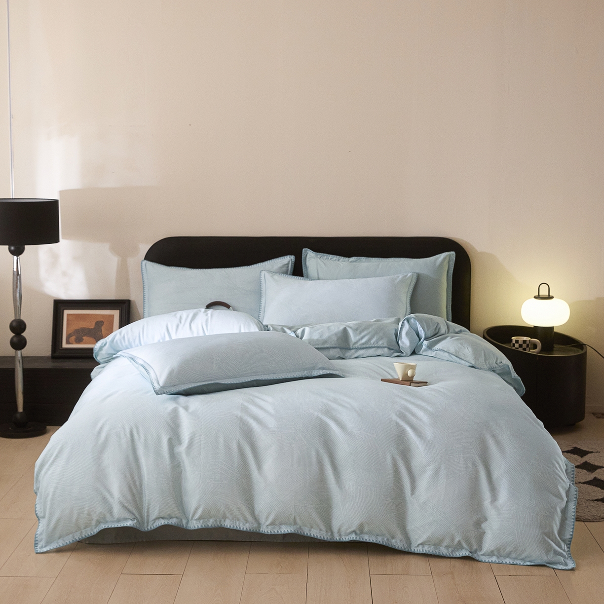 91家纺网 家纺一手货源 找家纺 置顶家纺 2026新款数码印花三角针贝壳边四件套-沐橙 沐橙-蓝