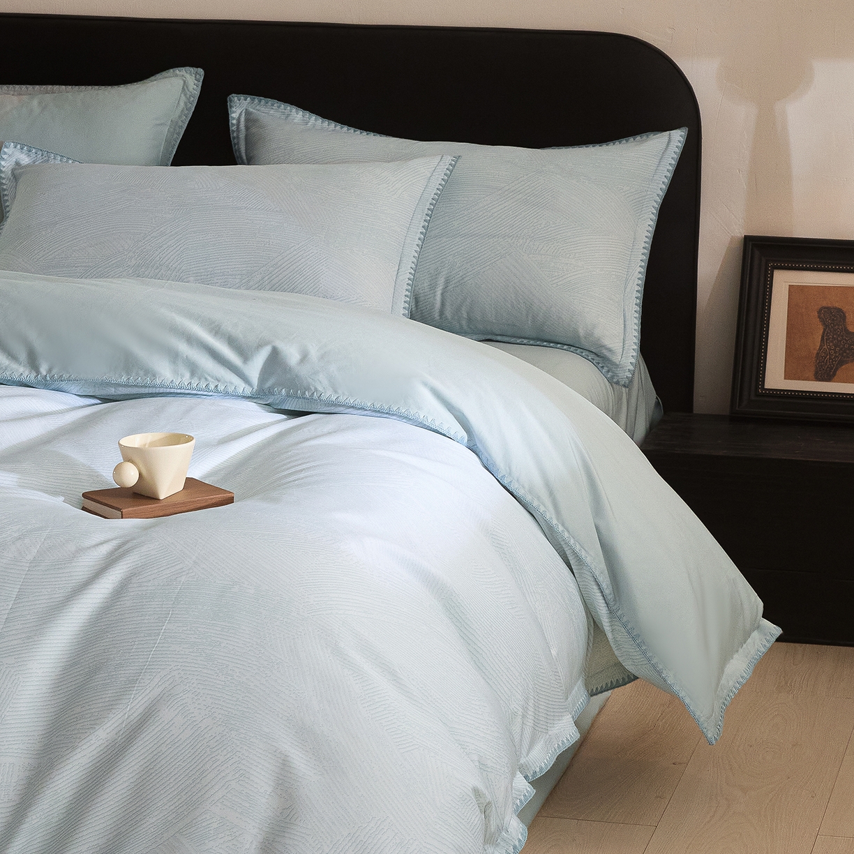 91家纺网 家纺一手货源 找家纺 置顶家纺 2026新款数码印花三角针贝壳边四件套-沐橙 沐橙-蓝