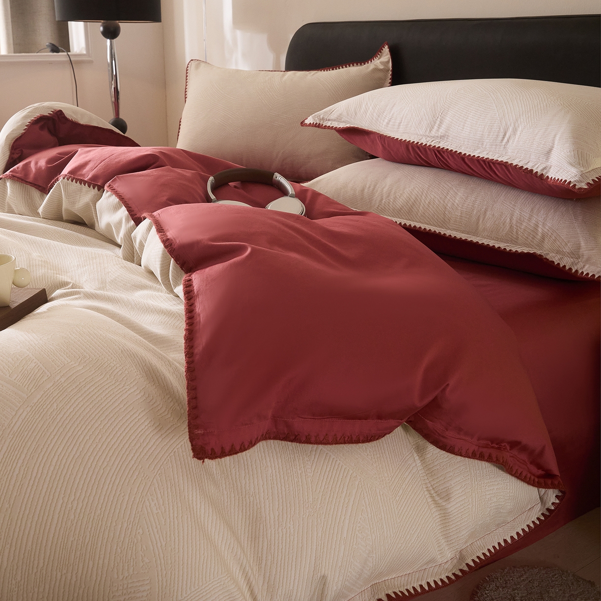 91家纺网 家纺一手货源 找家纺 置顶家纺 2026新款数码印花三角针贝壳边四件套-沐橙 沐橙-山红