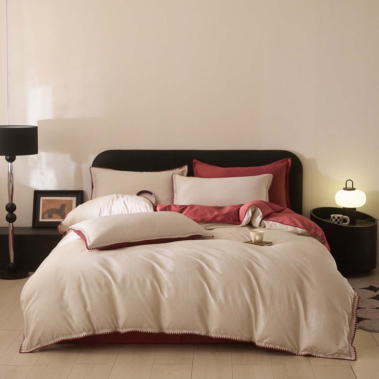 91家纺网 家纺一手货源 找家纺 置顶家纺 2026新款数码印花三角针贝壳边四件套-沐橙 沐橙-山红