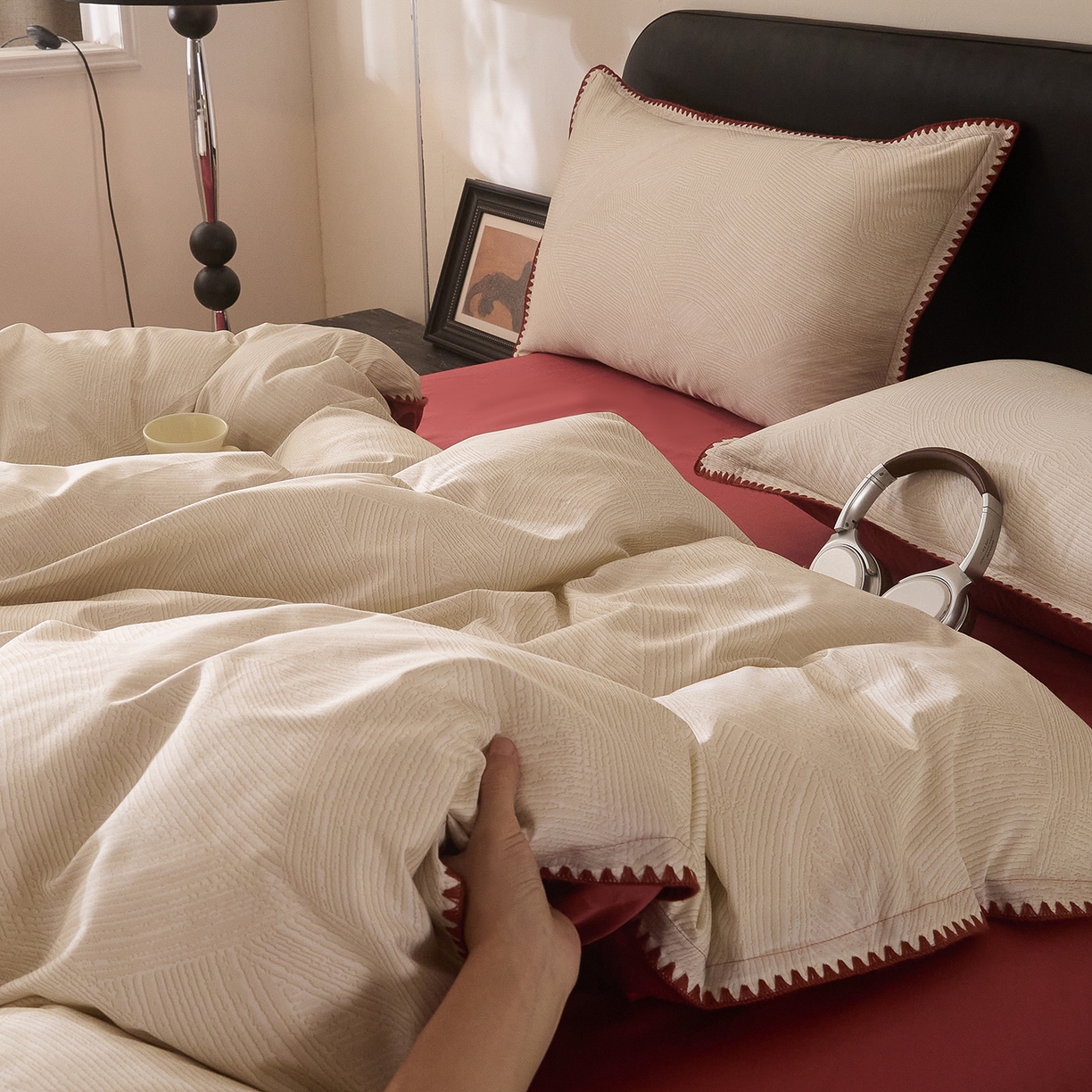 91家纺网 家纺一手货源 找家纺 置顶家纺 2026新款数码印花三角针贝壳边四件套-沐橙 沐橙-山红