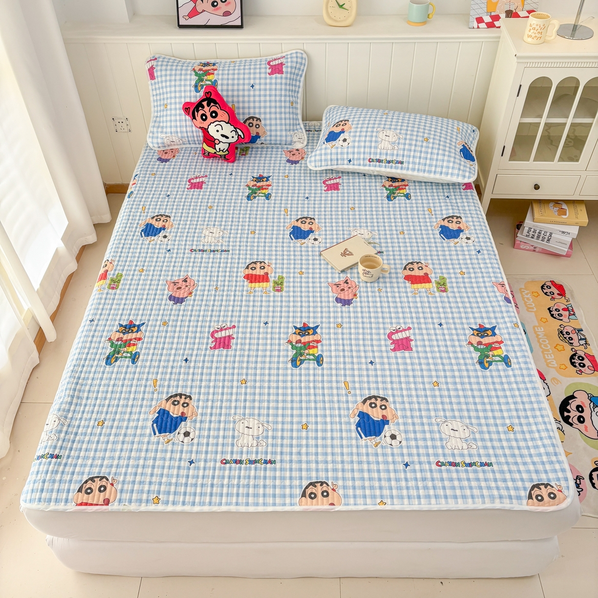 91家纺网 家纺一手货源 找家纺 孩子王家纺 2026新款Sanrio三丽鸥正版授权全棉纯棉夹棉多功能床垫-床盖（含防伪码） 蓝格小新乐园