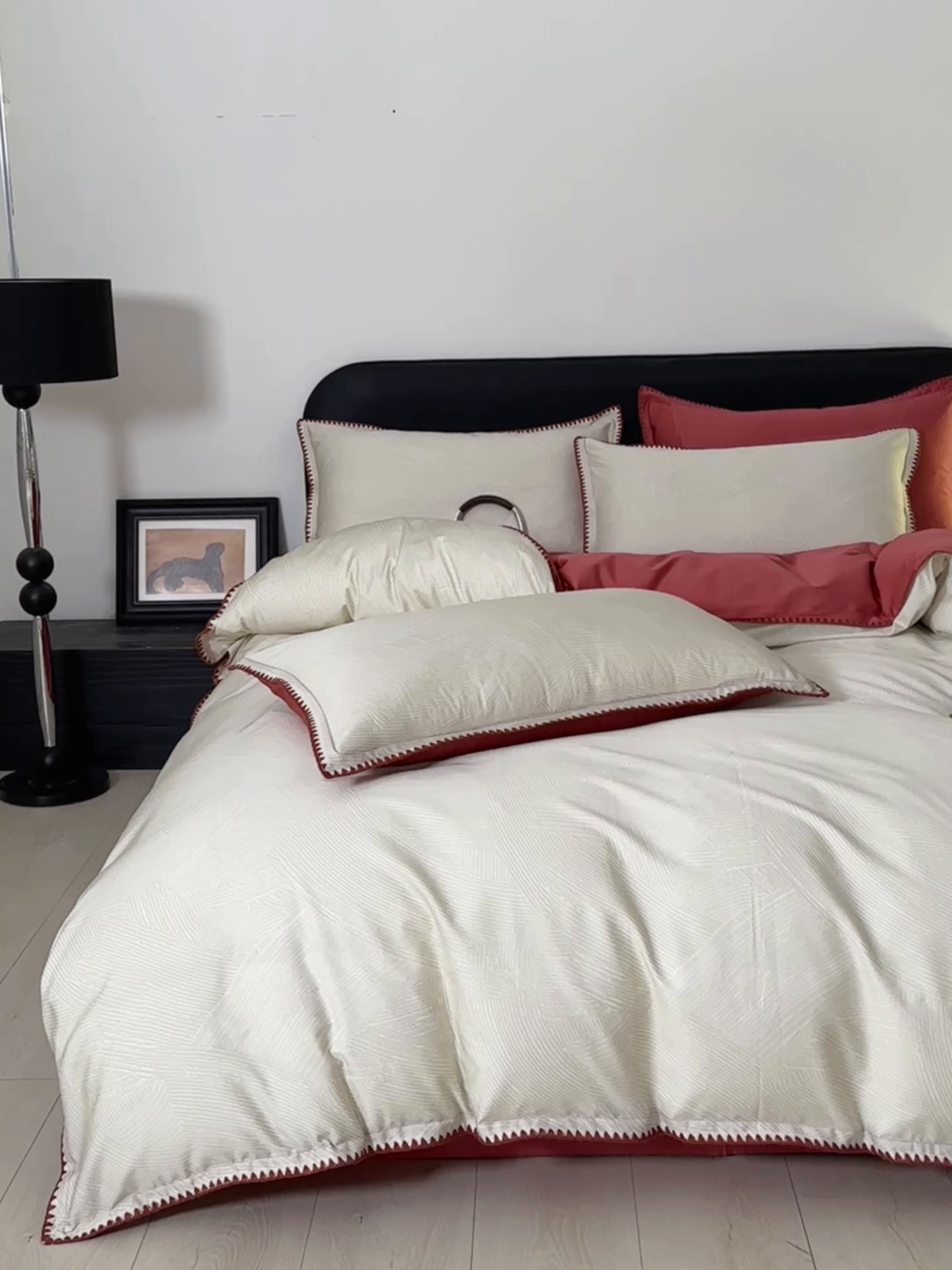 91家纺网 家纺一手货源 找家纺 置顶家纺 2026新款数码印花三角针贝壳边四件套-沐橙 沐橙-山红