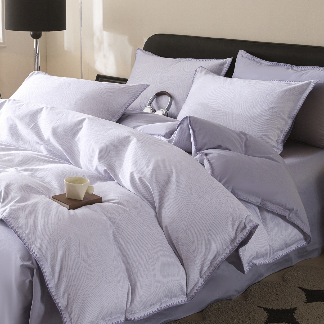 91家纺网 家纺一手货源 找家纺 置顶家纺 2026新款数码印花三角针贝壳边四件套-沐橙 沐橙-香芋紫