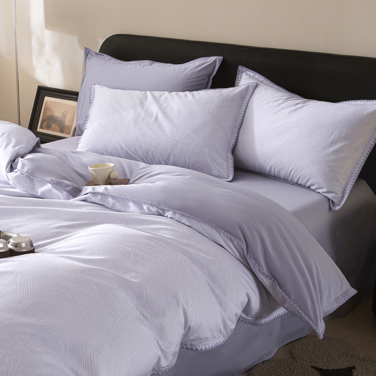 91家纺网 家纺一手货源 找家纺 置顶家纺 2026新款数码印花三角针贝壳边四件套-沐橙 沐橙-香芋紫