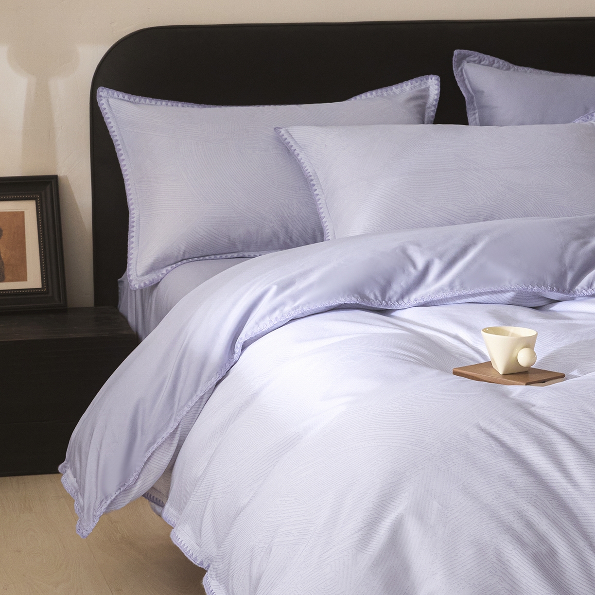 91家纺网 家纺一手货源 找家纺 置顶家纺 2026新款数码印花三角针贝壳边四件套-沐橙 沐橙-香芋紫