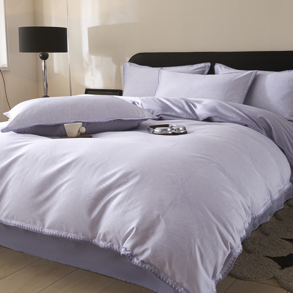 91家纺网 家纺一手货源 找家纺 置顶家纺 2026新款数码印花三角针贝壳边四件套-沐橙 沐橙-香芋紫