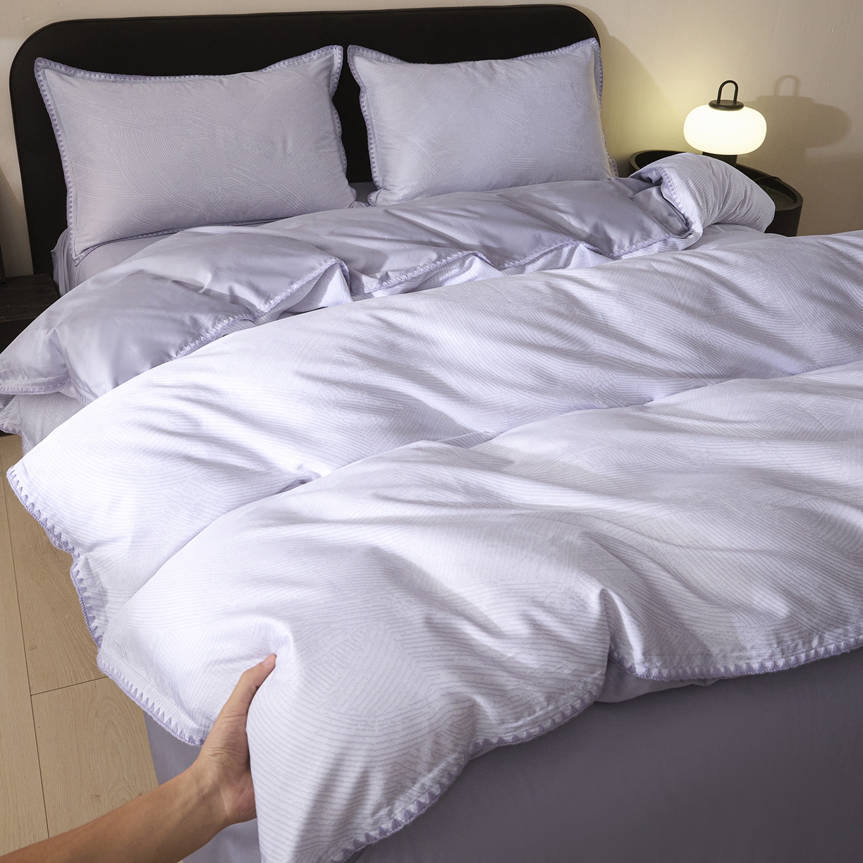 91家纺网 家纺一手货源 找家纺 置顶家纺 2026新款数码印花三角针贝壳边四件套-沐橙 沐橙-香芋紫