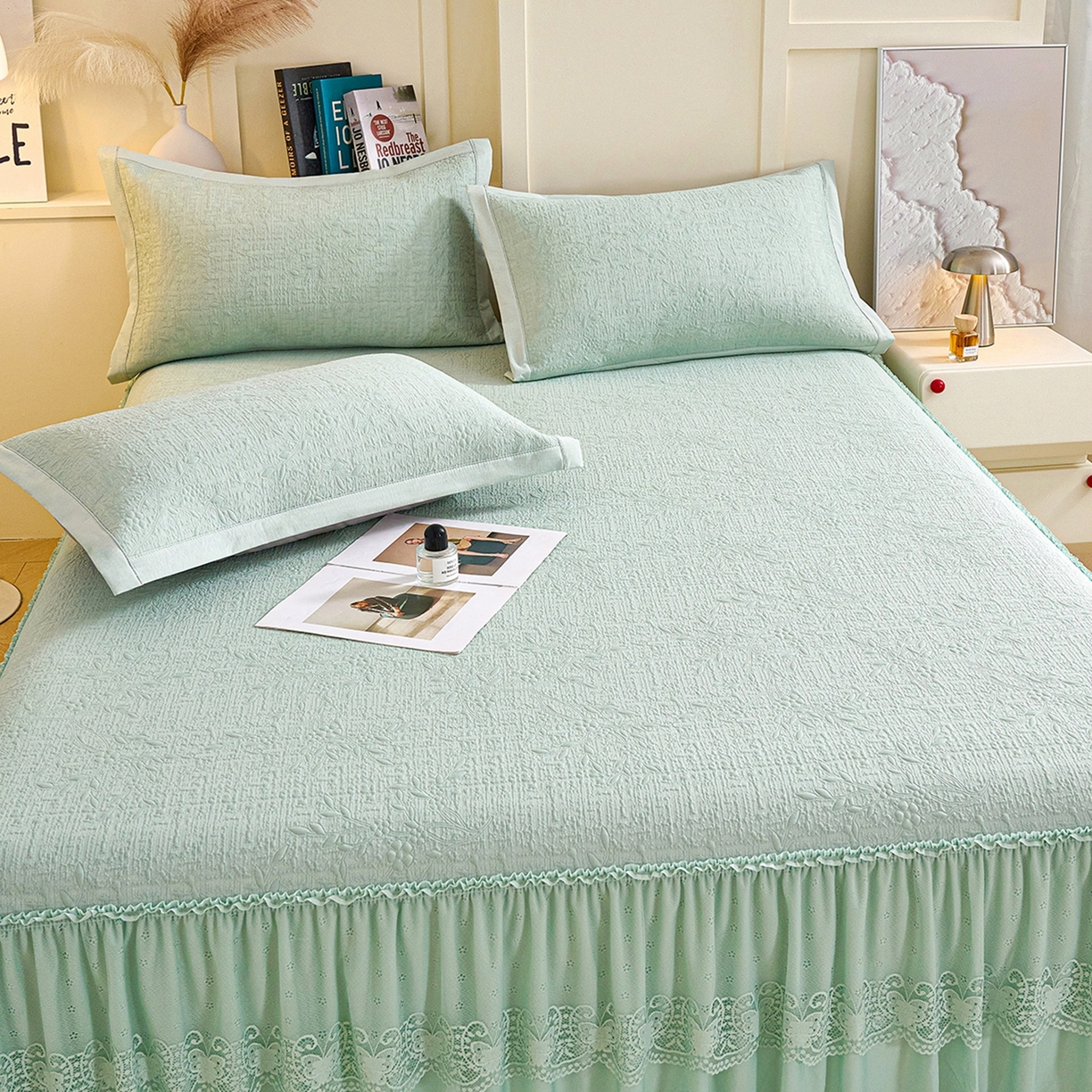 91家纺网 家纺一手货源 找家纺 梵克保罗 2026新款A类凉感豆豆席床裙款凉席席子-唯美 床裙款-唯美绿色