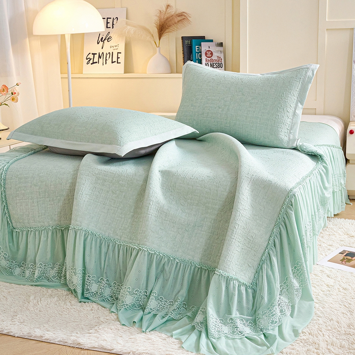 91家纺网 家纺一手货源 找家纺 梵克保罗 2026新款A类凉感豆豆席床裙款凉席席子-唯美 床裙款-唯美绿色