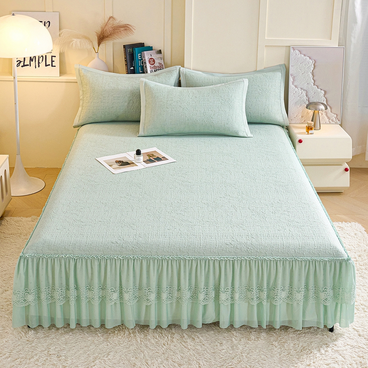 梵克保罗 2026新款A类凉感豆豆席床裙款凉席席子-唯美 床裙款-唯美绿色