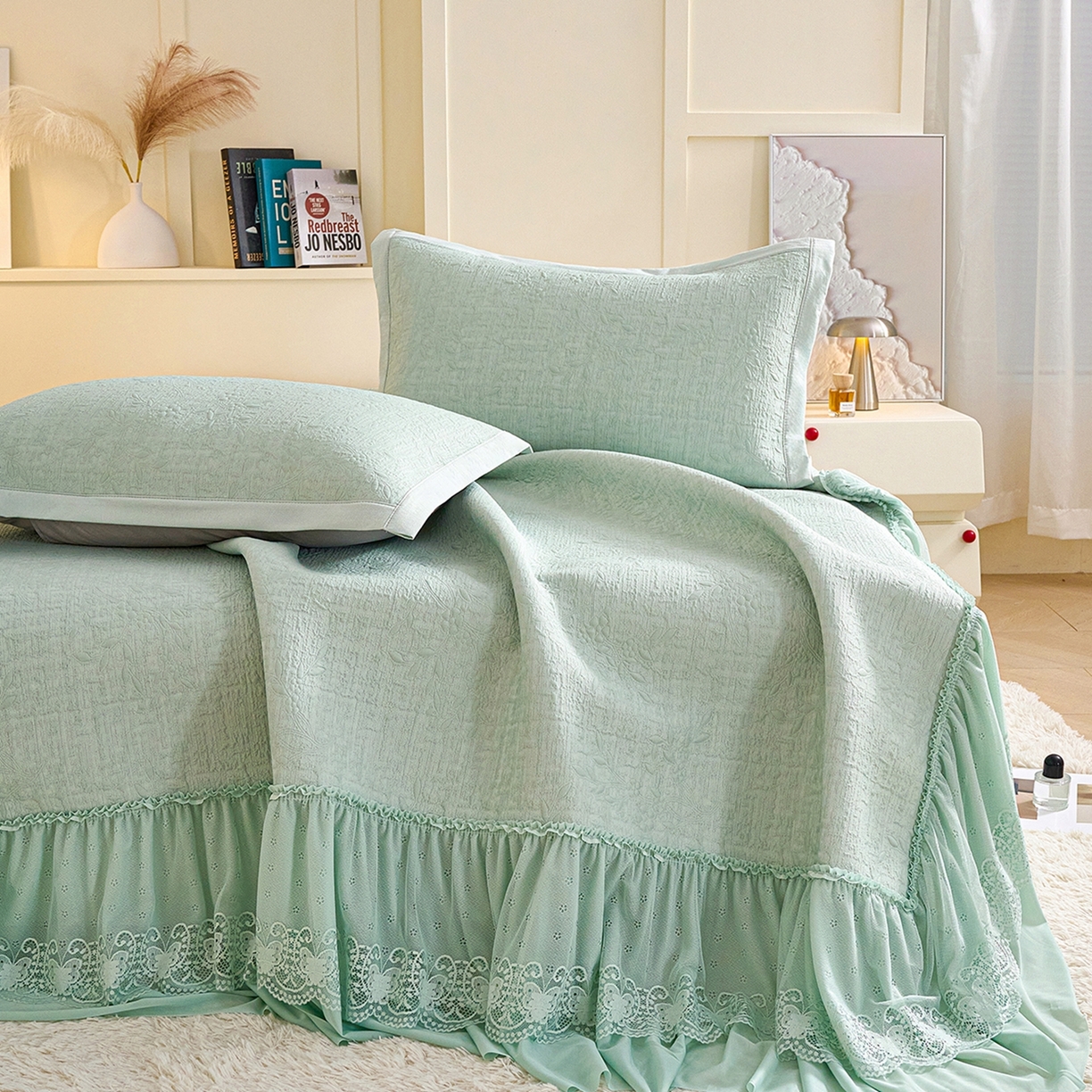 91家纺网 家纺一手货源 找家纺 梵克保罗 2026新款A类凉感豆豆席床裙款凉席席子-唯美 床裙款-唯美绿色