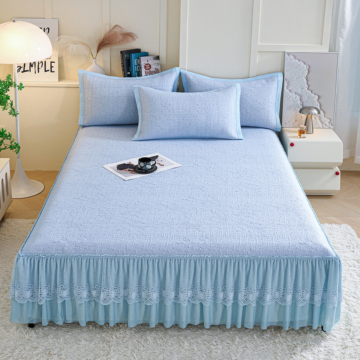 梵克保罗 2026新款A类凉感豆豆席床裙款凉席席子-唯美 床裙款-唯美蓝色